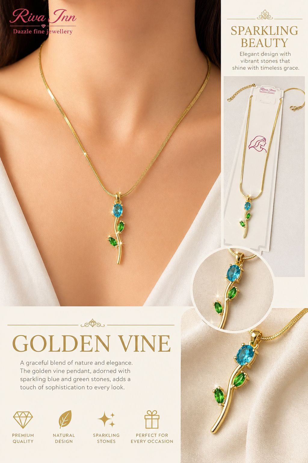 Alvira Emerald, Stainless Steel Tulip Necklace